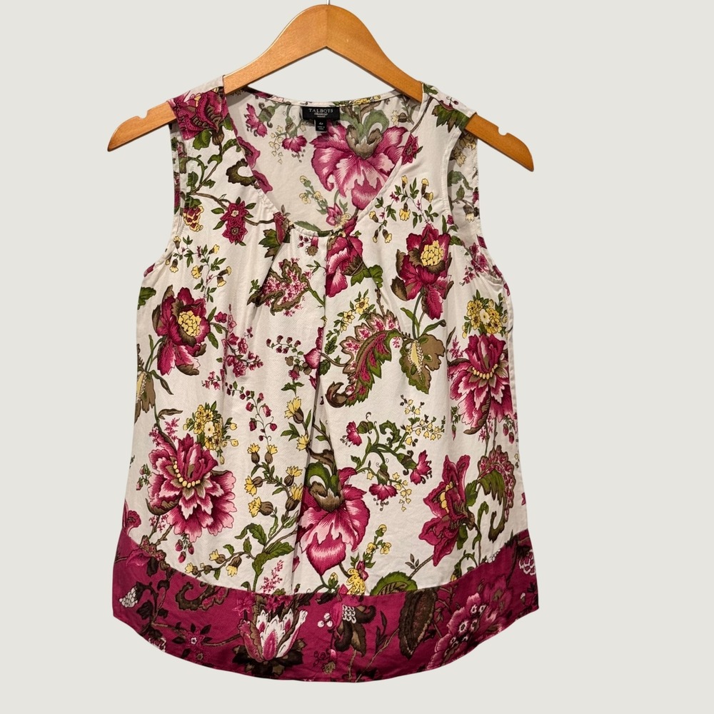 Talbots Silk Top Womens 4P Pink Floral Sleeveless V-Neck Pleated Shell Blouse